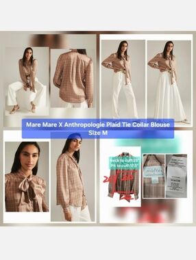 Mare Mare X Anthropologie Plaid Tie Collar Blouse Size M